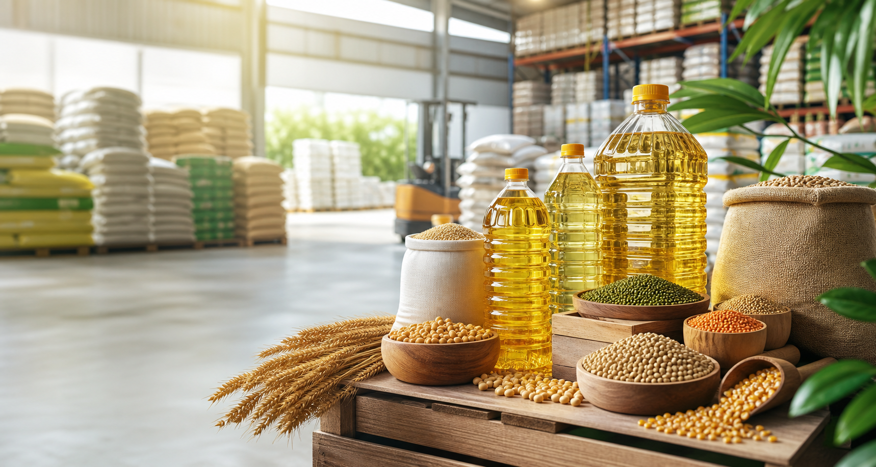 Premium edible oils and agro commodities in a clean supply warehouse