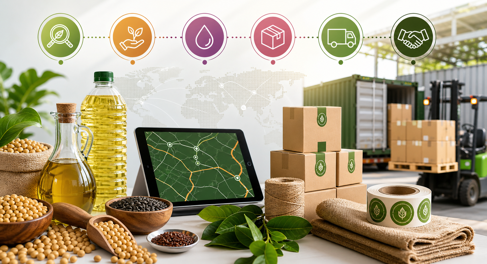 Agro supply process visual with packaging and logistics